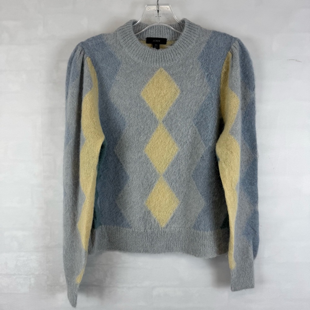 J.Crew Argyle Sweater Alpaca Wool Blend Gray Blue Yellow Women’s Size XS